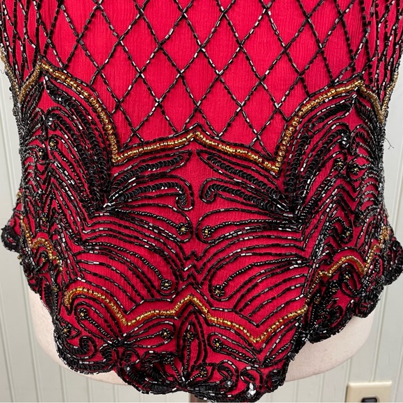 Vintage 80s Papell Boutique Evening Red Silk Beaded Top Women's Size Large - Picture 5 of 9